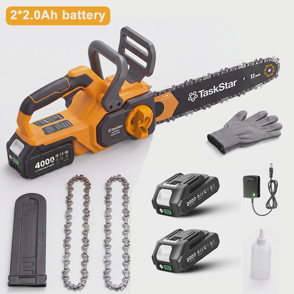 TaskStar 12-Inch Accu Kettingzaag - Krachtig, Borstelloos & Automatische Olie - Incl. 2x 4000mAh Batterijen