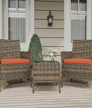 3-delige Buiten Terras Bistroset: PE Rotan Wicker Stoelen met Zachte Kussens & Glazen Salontafel - Compact Tuinmeubilair
