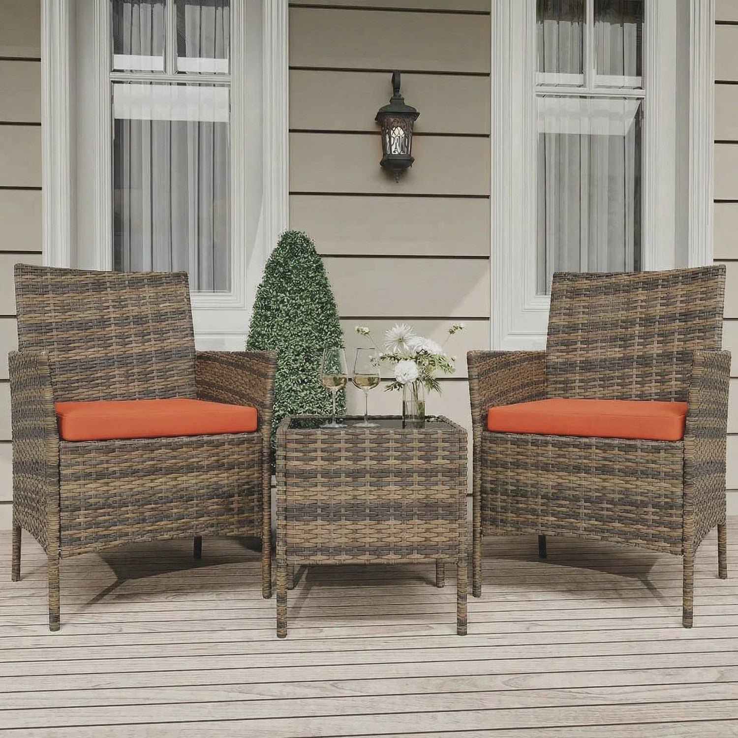3-delige Buiten Terras Bistroset: PE Rotan Wicker Stoelen met Zachte Kussens & Glazen Salontafel - Compact Tuinmeubilair