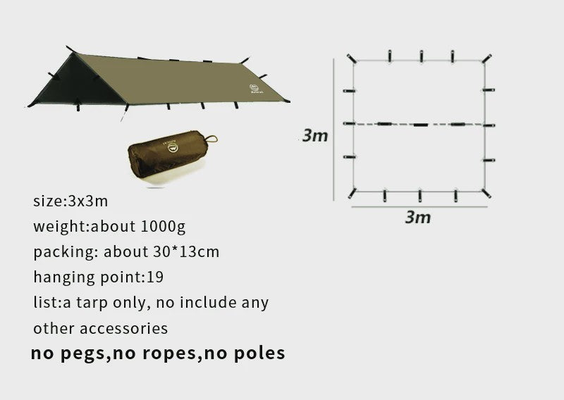 Aricxi Black Coating Tarp - Waterdicht Kampeer Tarp 3x3m & 4x4m