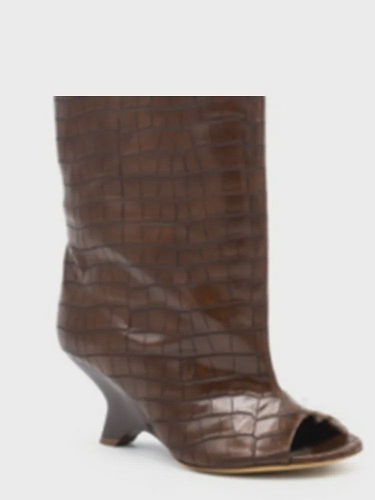 Dames Laarzen met Peep-toe, Hoge Schuine Hak en Kniehoge Schacht - Zomer/Lente Collectie