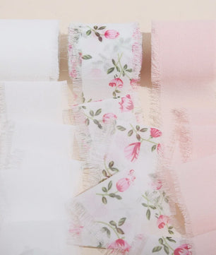 Handgemaakte Satijn Chiffon Lint Set - 3 Rollen van 5m met Rafeleffect voor Bruiloft, Cadeau & DIY Decoratie