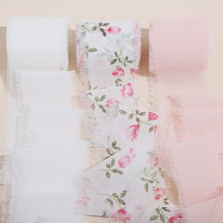Handgemaakte Satijn Chiffon Lint Set - 3 Rollen van 5m met Rafeleffect voor Bruiloft, Cadeau & DIY Decoratie