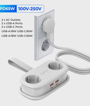 ORICO GaN 65W Power Strip: 2x AC, 2x USB-A, 1x USB-C - Snel Laden voor Thuis & Reizen