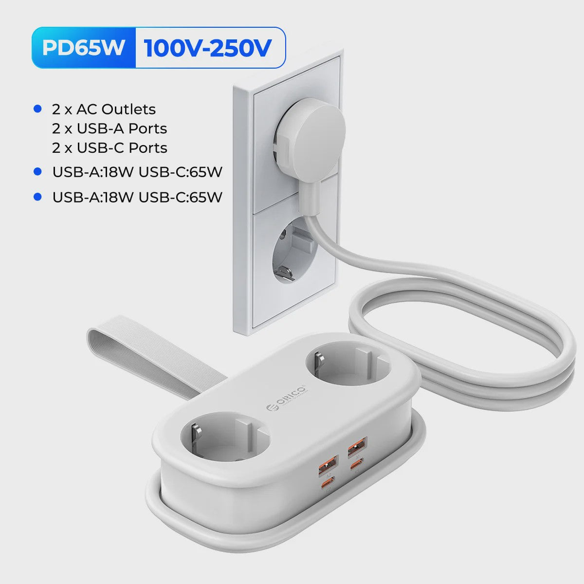 ORICO GaN 65W Power Strip: 2x AC, 2x USB-A, 1x USB-C - Snel Laden voor Thuis & Reizen