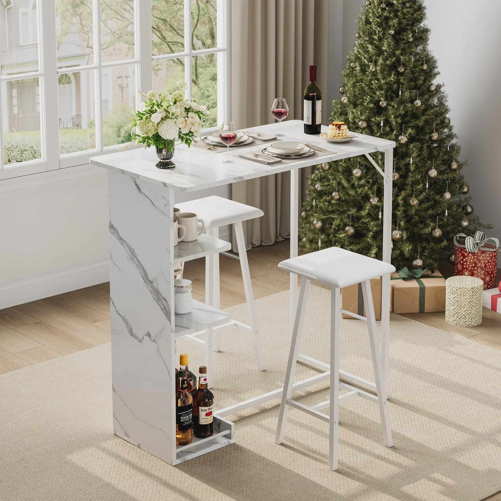 3-delige Bartafel Set met 2 Krukken en Opbergruimte - Compact Keukenmeubel