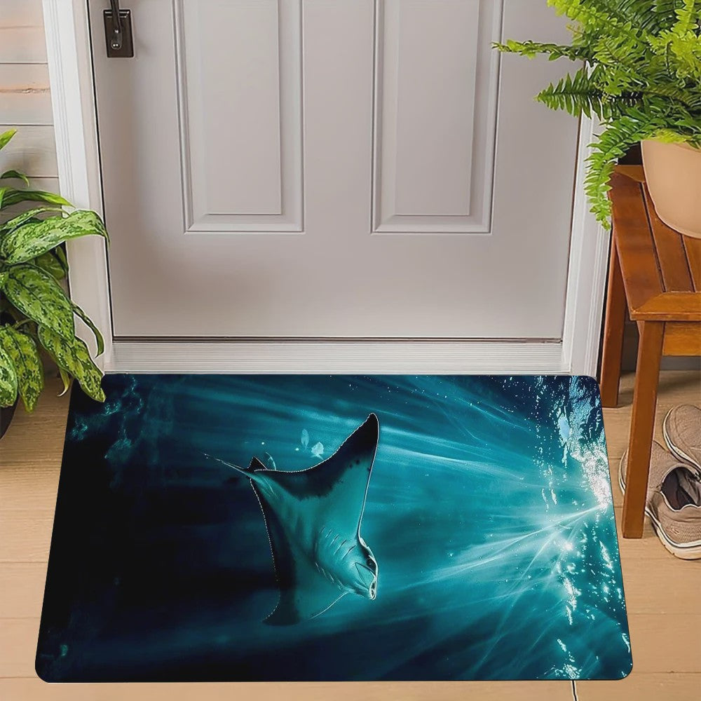 Unieke Deurmat met Oceaan Dieren: Manta, Hamerhaai & Witte Haai - Onderwater Kunst