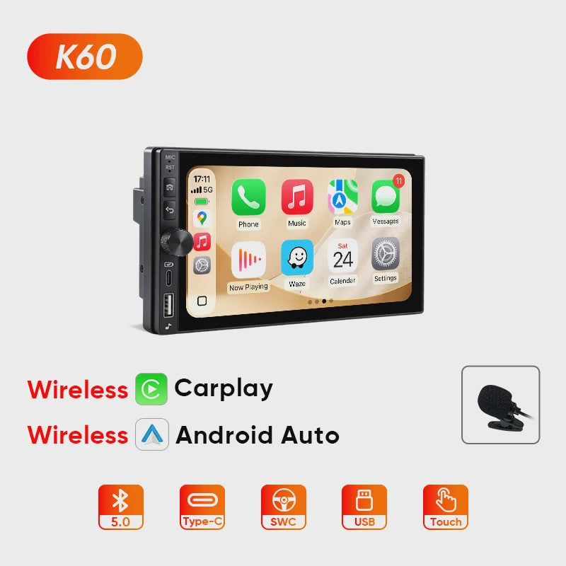 AINAVI K60 7-Inch Universele Autoradio met Draadloze CarPlay & Android Auto, Bluetooth, USB-C
