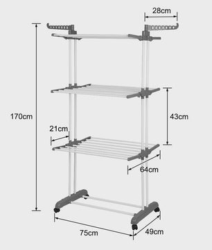 3-Laags Kledingrek op Wielen - Dubbele Stang, Opvouwbaar Droogrek voor Binnen & Buiten - 75x64x170cm