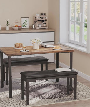 Compacte Eetkamer Set: Tafel met 2 Gestoffeerde Bankjes voor 4 Personen