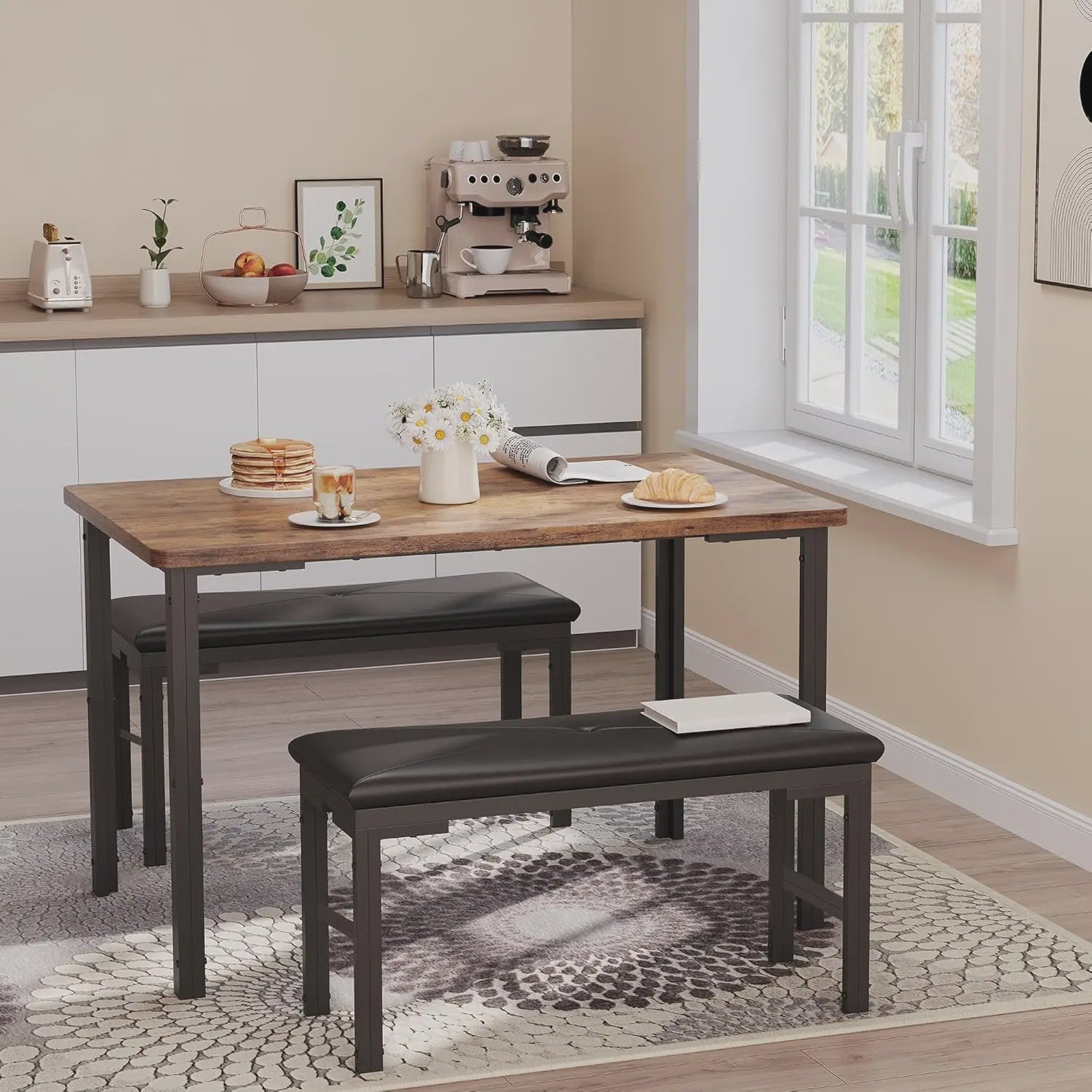 Compacte Eetkamer Set: Tafel met 2 Gestoffeerde Bankjes voor 4 Personen