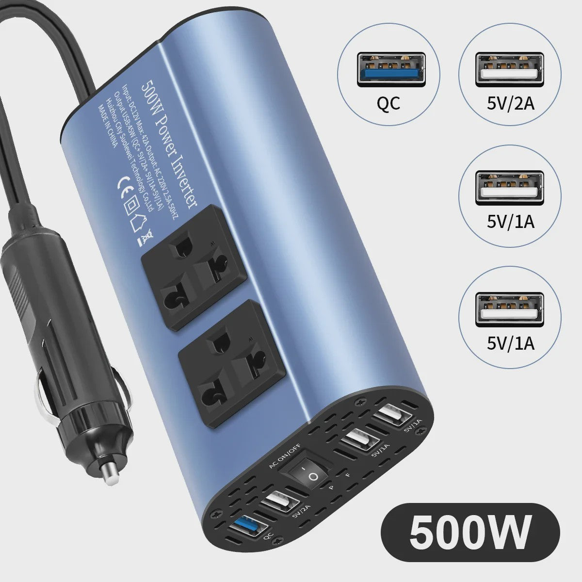 Krachtige 400W/500W/1500W Auto Omvormer: DC 12V naar AC 220V met 3x USB 2.0 en 1x USB QC3.0