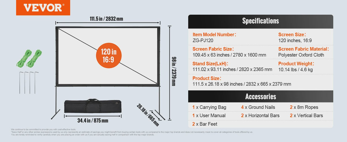 Draagbaar Projectiescherm met Statief - 100/120/150 inch - 16:9 - 4K HD
