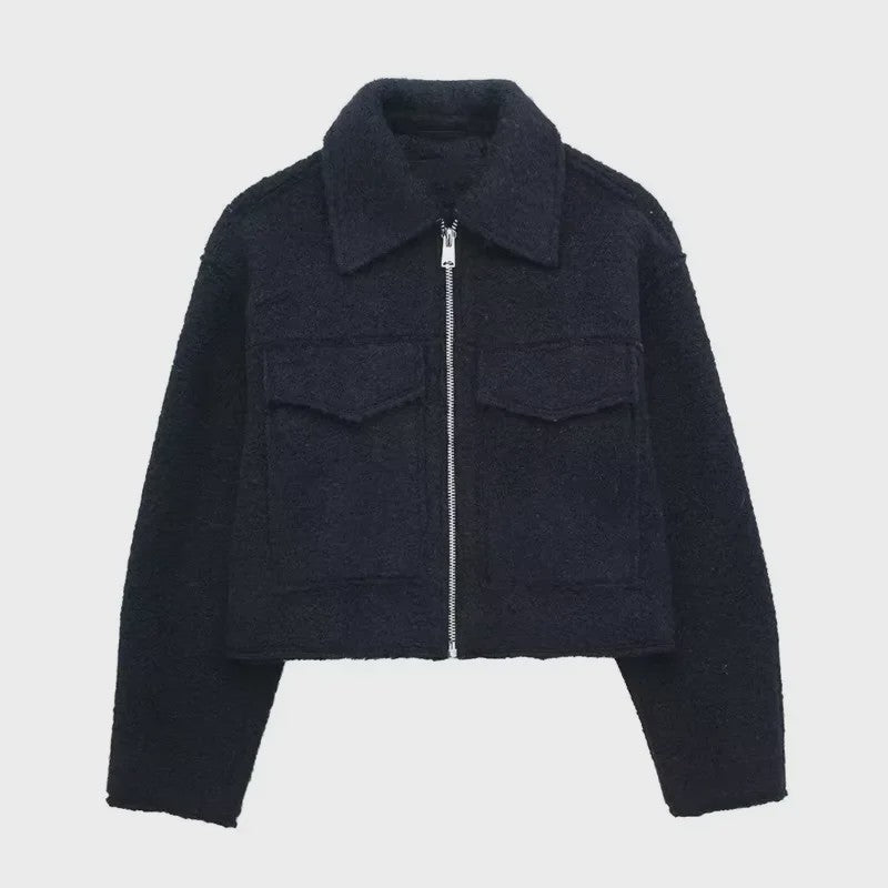 Chique Grijze Dames Jas met Rits en Zakken - Vintage Stijl