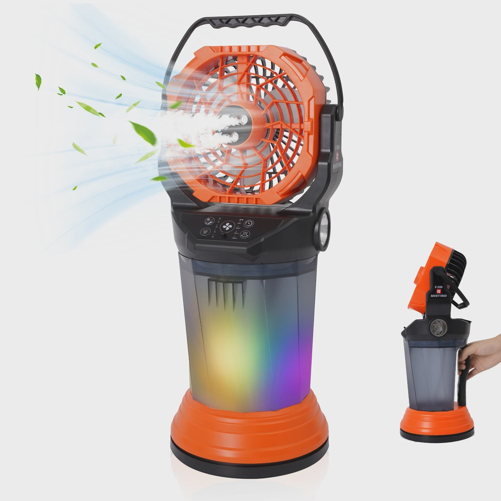 Draagbare Camping Ventilator met Vernevelaar, 2000ml Tank, 15000mAh Batterij & RGB LED Verlichting