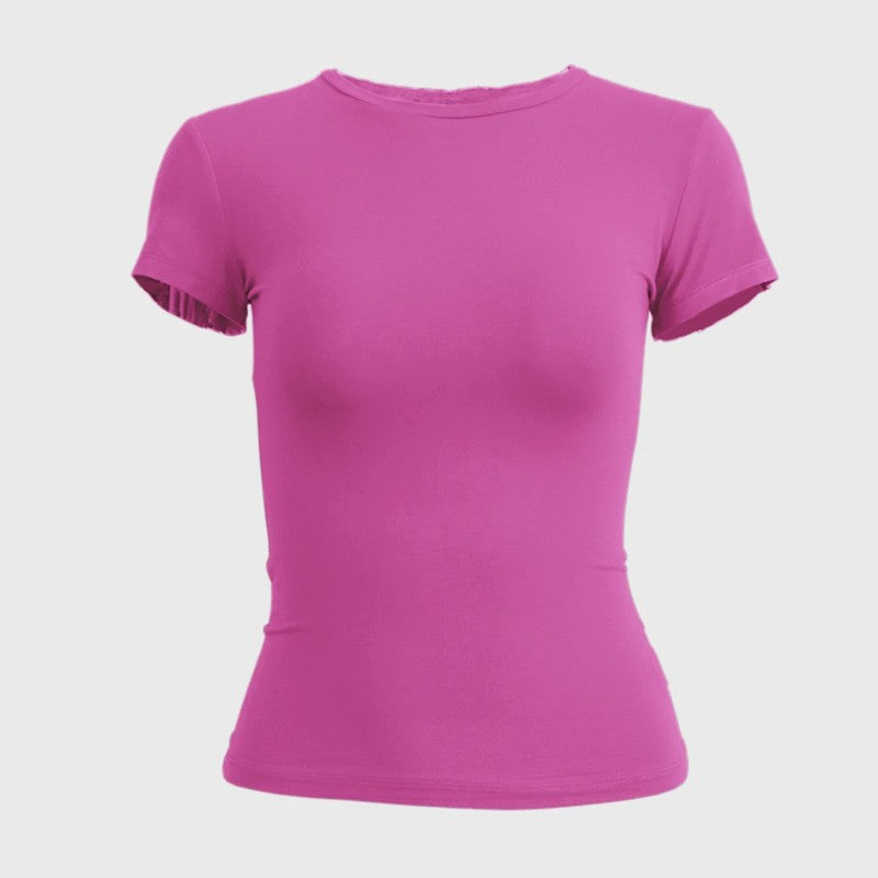 Dames Slim Fit Gebreid T-shirt met Ronde Hals - Korte Mouwen