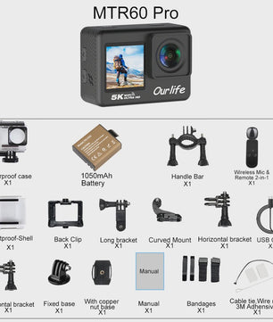 Ourlife MTR60 Pro 5K Actiecamera: 4K60FPS, WiFi, Waterdicht, Touchscreen & Afstandsbediening