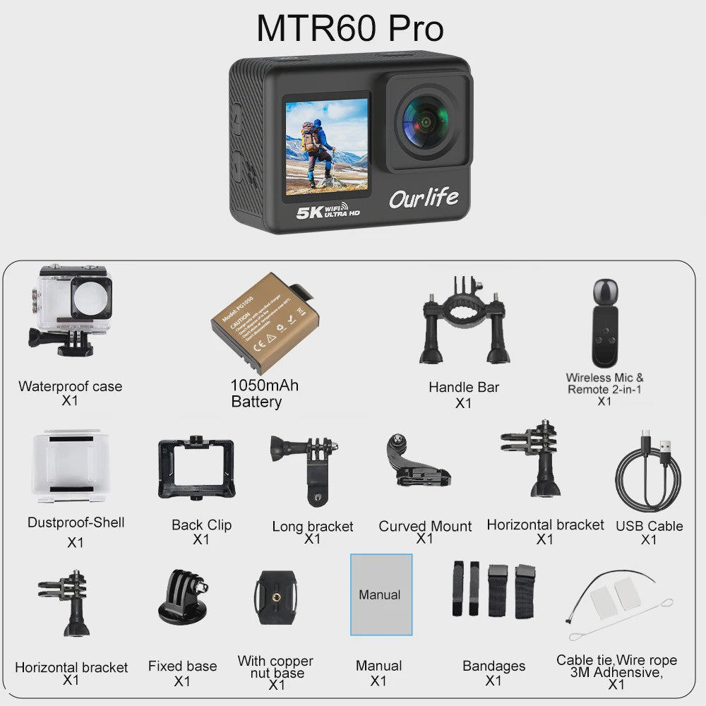 Ourlife MTR60 Pro 5K Actiecamera: 4K60FPS, WiFi, Waterdicht, Touchscreen & Afstandsbediening