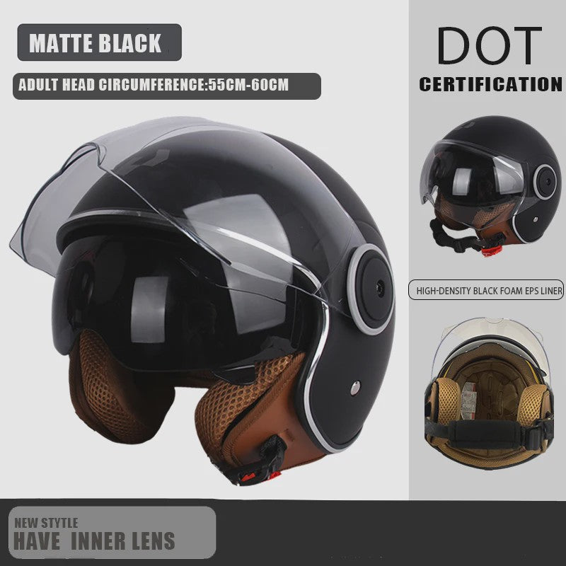 Vintage Open Motorhelm met Dubbel Vizier - DOT Gecertificeerd, Retro Stijl