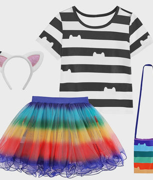 Meisjes Kleding Set: Zwart-Wit Katten T-shirt & Regenboog Tutu Rok met Accessoires