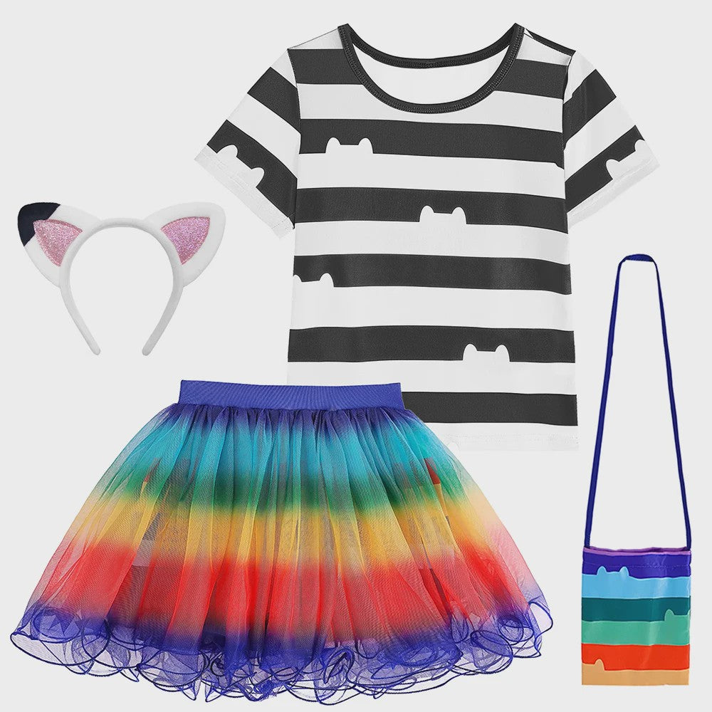 Meisjes Kleding Set: Zwart-Wit Katten T-shirt & Regenboog Tutu Rok met Accessoires
