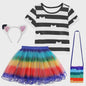 Meisjes Kleding Set: Zwart-Wit Katten T-shirt & Regenboog Tutu Rok met Accessoires