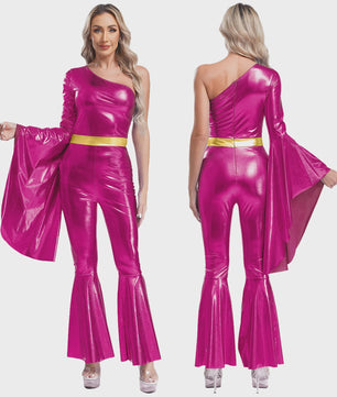 Dames Jumpsuit 70s Disco Metallic Met Wijde Pijpen en Flare Mouwen