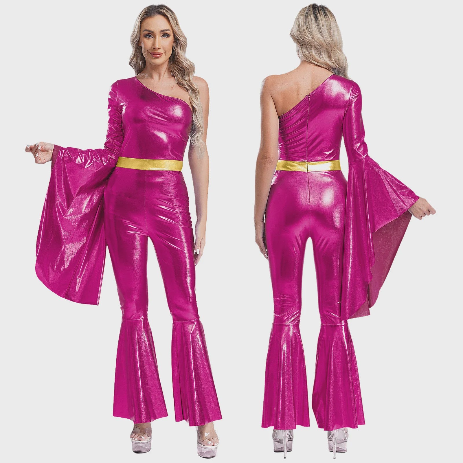 Dames Jumpsuit 70s Disco Metallic Met Wijde Pijpen en Flare Mouwen