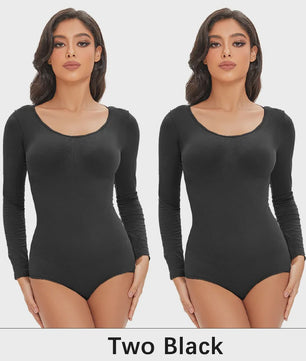 POKARLA Spandex Elastic Body Suit Shapewear Women Body Shaper Tummy Control Long Sleeve Open Crotch Round Neck Seamless Shapers