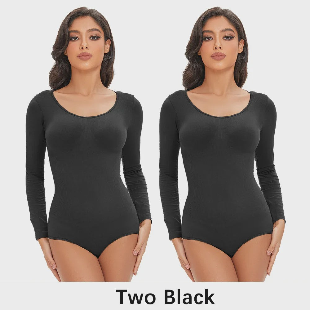 POKARLA Spandex Elastic Body Suit Shapewear Women Body Shaper Tummy Control Long Sleeve Open Crotch Round Neck Seamless Shapers