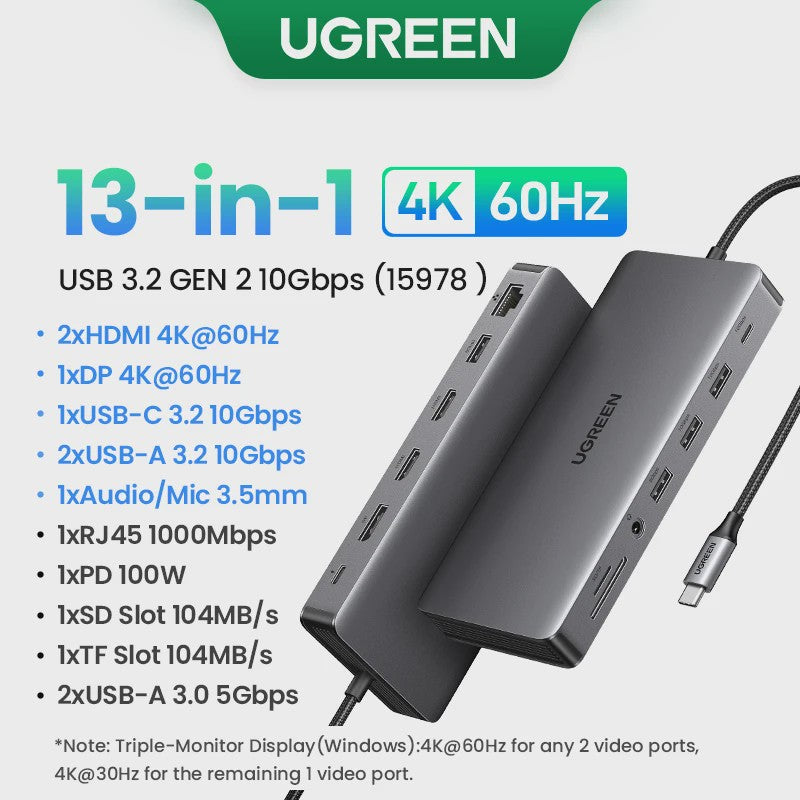 UGREEN 10-in-1 USB-C Hub: 8K/4K Dual HDMI, RJ45, USB 3.0, PD 100W - Docking Station voor MacBook & Laptop