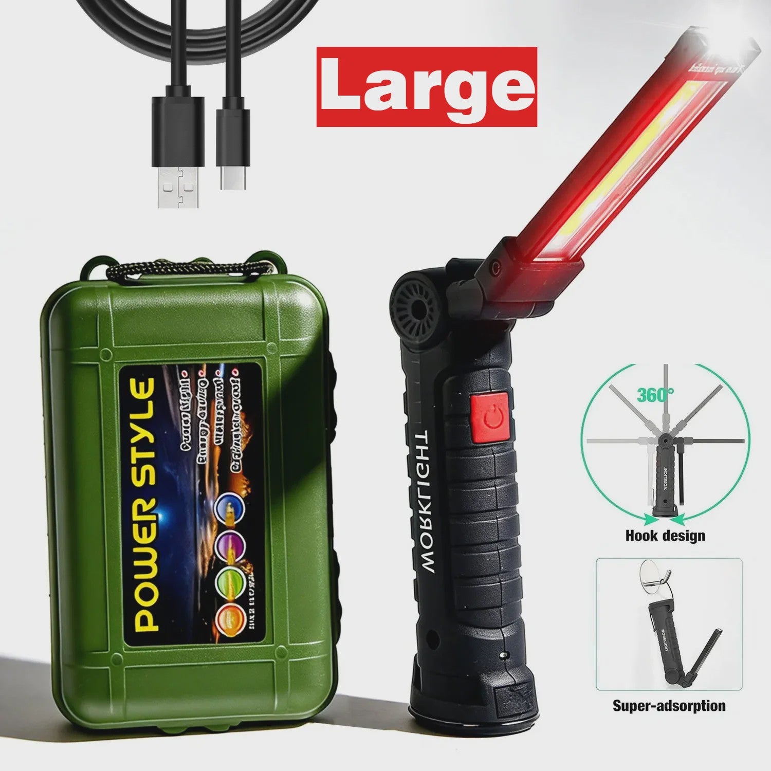 360° Draaibare LED Werklamp met 5 Modi, USB Oplaadbaar, Magneetvoet & Haak