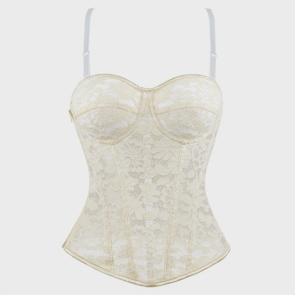 Zwart kanten korset top met mesh en ritssluiting - Sexy bustier voor feesten