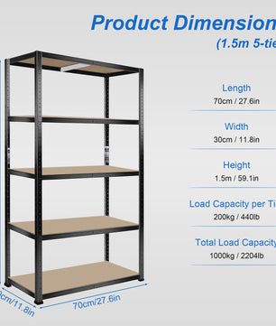 5-Laags Heavy Duty Metalen Stellingkast - 1000kg Draagvermogen - Boutloos Ontwerp - Verstelbare MDF Planken