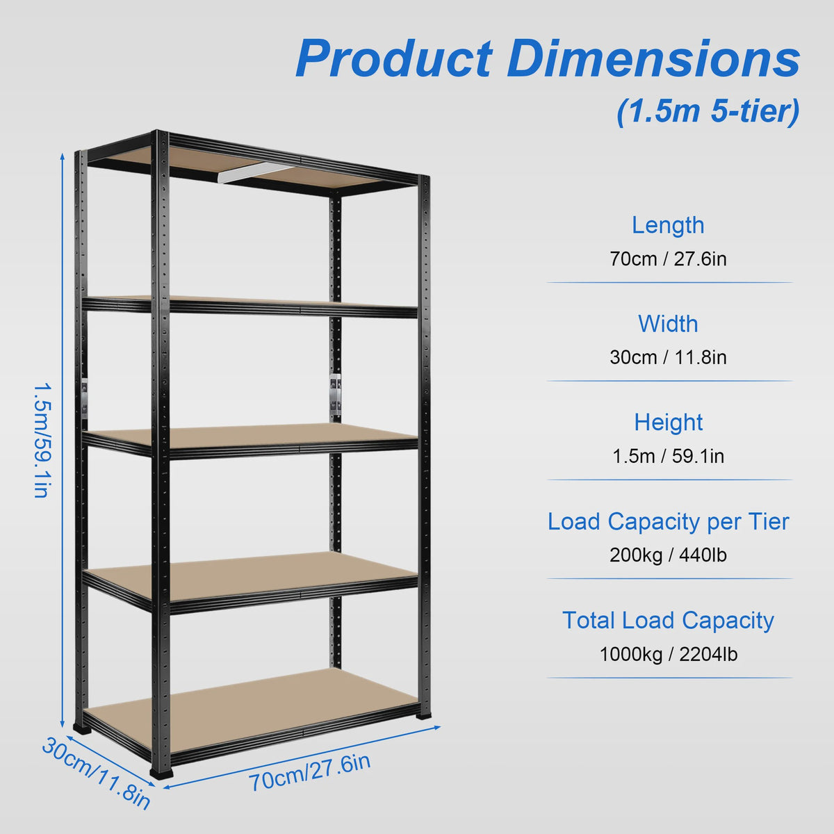 5-Laags Heavy Duty Metalen Stellingkast - 1000kg Draagvermogen - Boutloos Ontwerp - Verstelbare MDF Planken