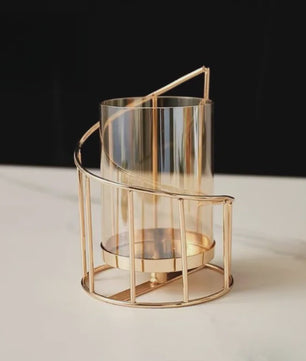 Luxe Metalen Kaarsenhouder met Glazen Cilinder - Geometrisch Draadframe