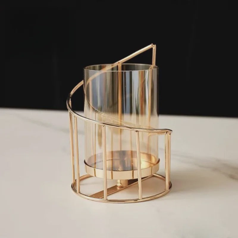 Luxe Metalen Kaarsenhouder met Glazen Cilinder - Geometrisch Draadframe