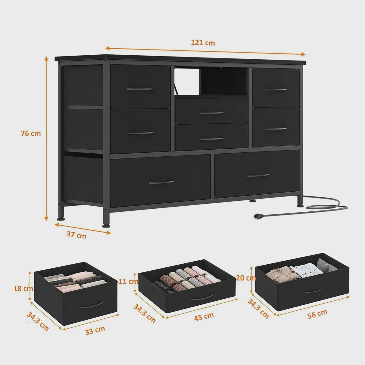Industriële Ladekast met 8 Laden, TV-meubel met Laadstation en Metalen Frame
