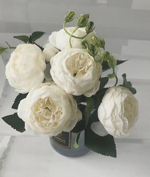 Roze Zijden Pioen Kunstboeket 30cm - 5 Grote Bloemen & 4 Knopen voor Decoratie