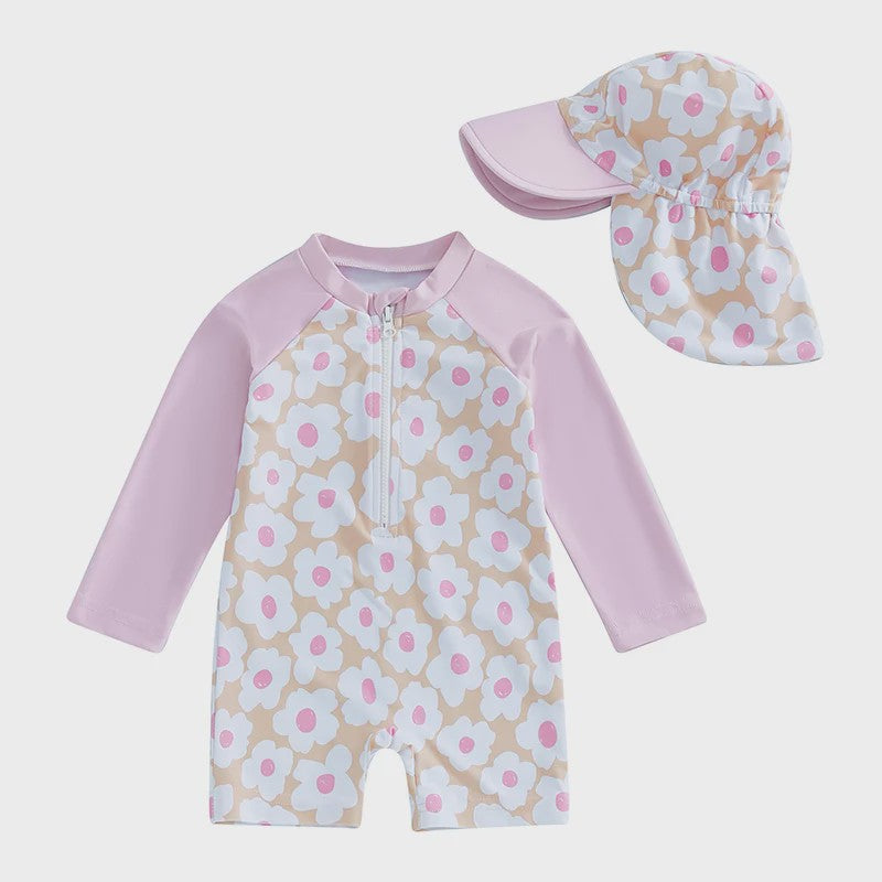 Meisjes Zwempak Lange Mouwen met Zonnehoed - Bloemenprint