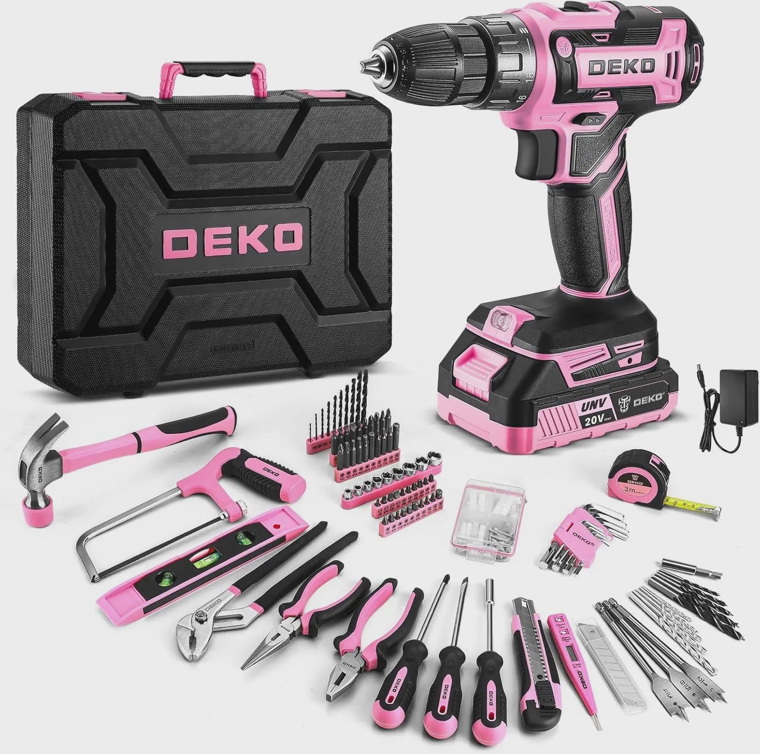 DEKO Complete Gereedschapskist met 20V Accuboormachine, 186 Delen - Professionele DIY Set