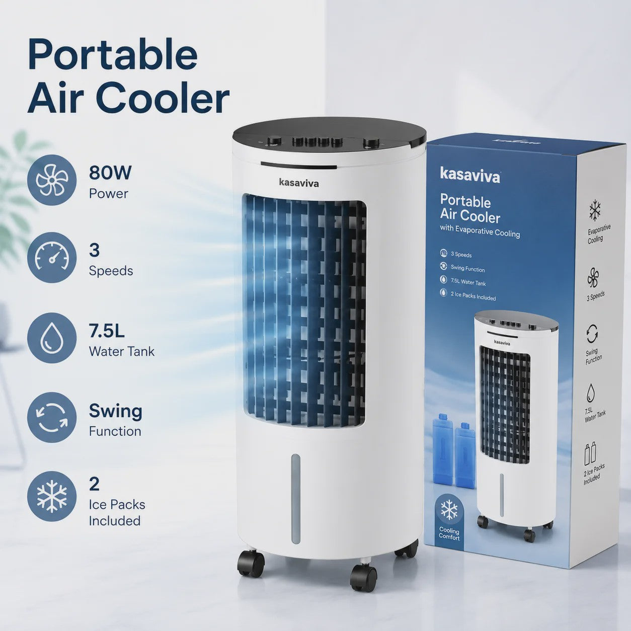 Draagbare Water Air Cooler met 4L Tank, 65W, 3 Snelheden & Afstandsbediening