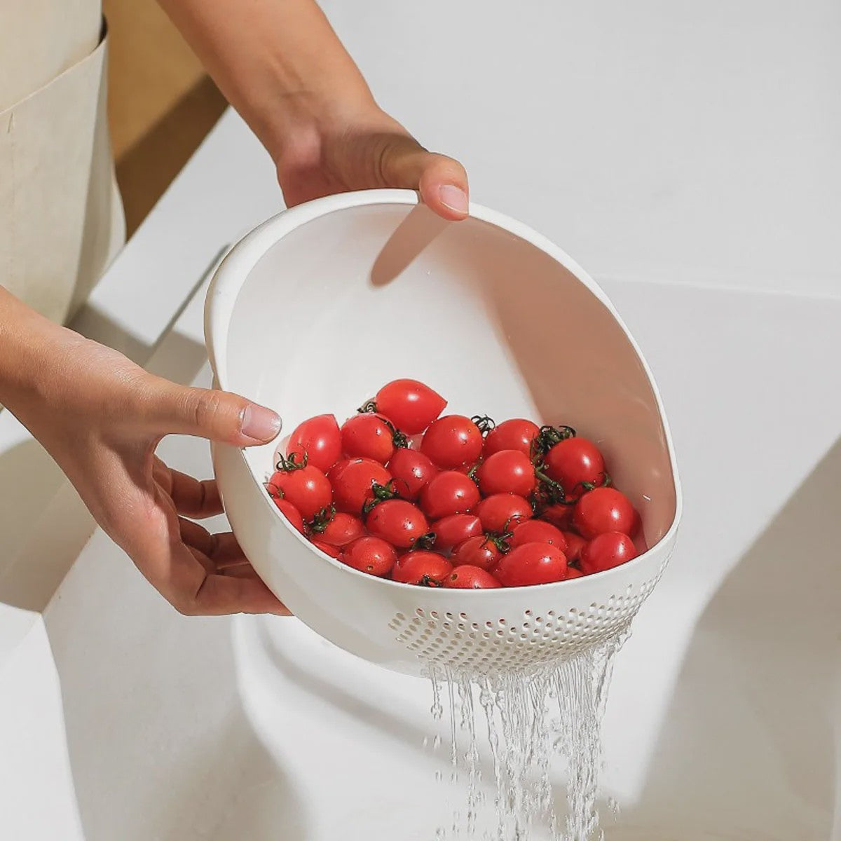 Dubbele Afvoerkom met Handvat: Rijst, Fruit & Groenten Wassen en Afgieten