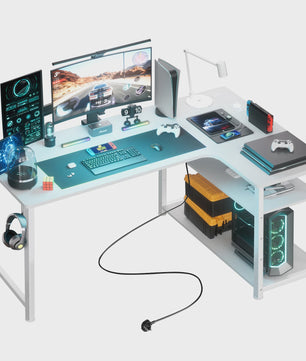COMHOMA Hoekbureau met Planken, 120cm Gaming PC Bureau met USB Laadpoort en Stopcontact