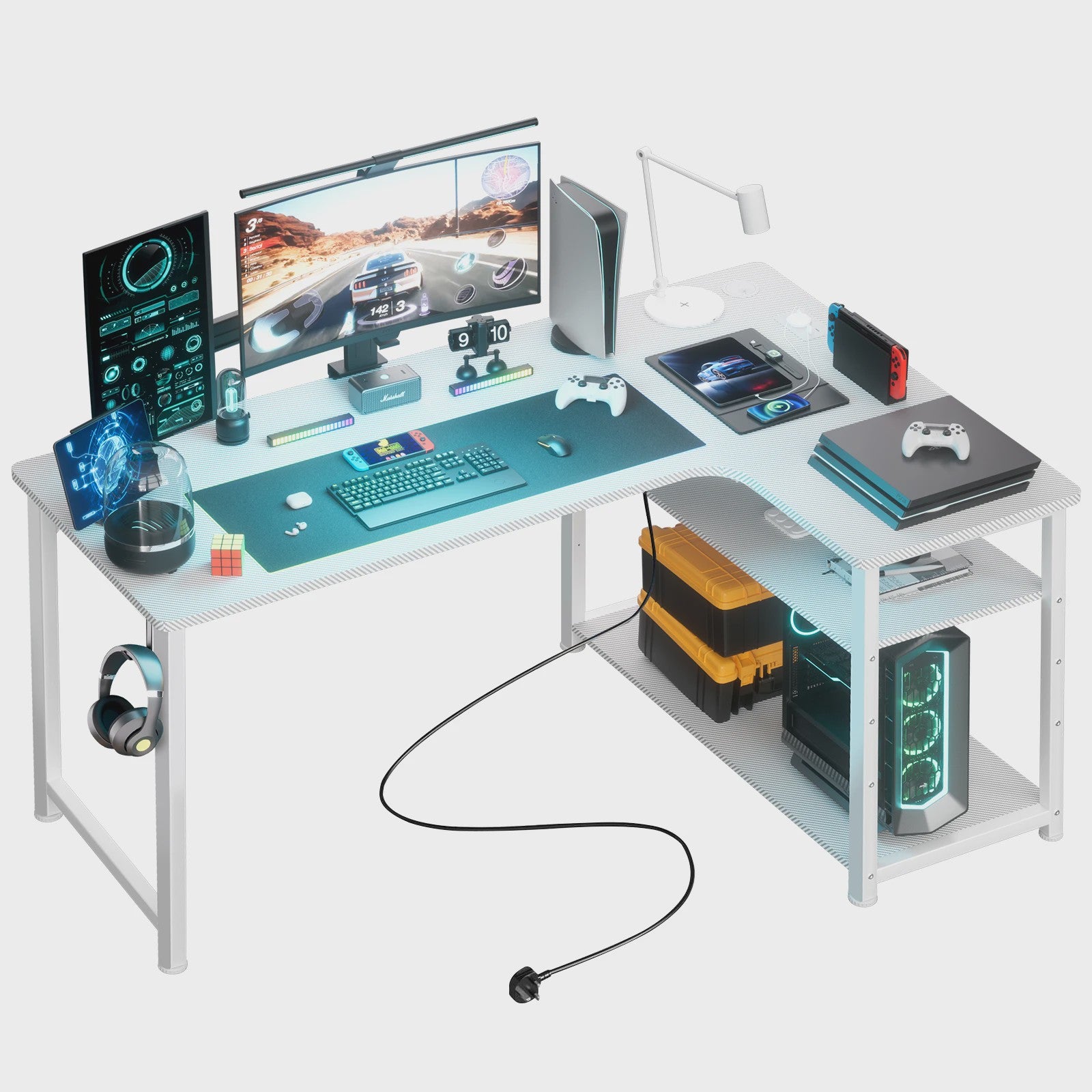 COMHOMA Hoekbureau met Planken, 120cm Gaming PC Bureau met USB Laadpoort en Stopcontact
