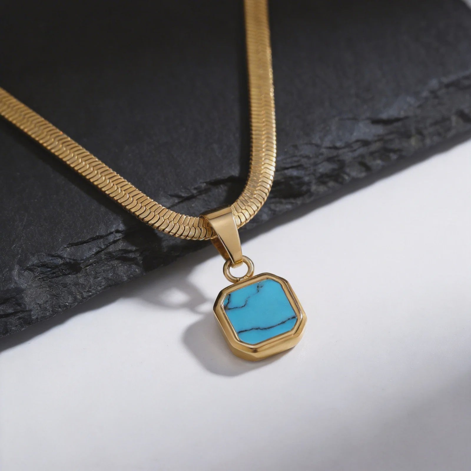 Vnox Heren Ketting met Geometrische Vierkante Natuursteen Hanger - Goud/Zilver Kleur Roestvrij Staal Blade Ketting