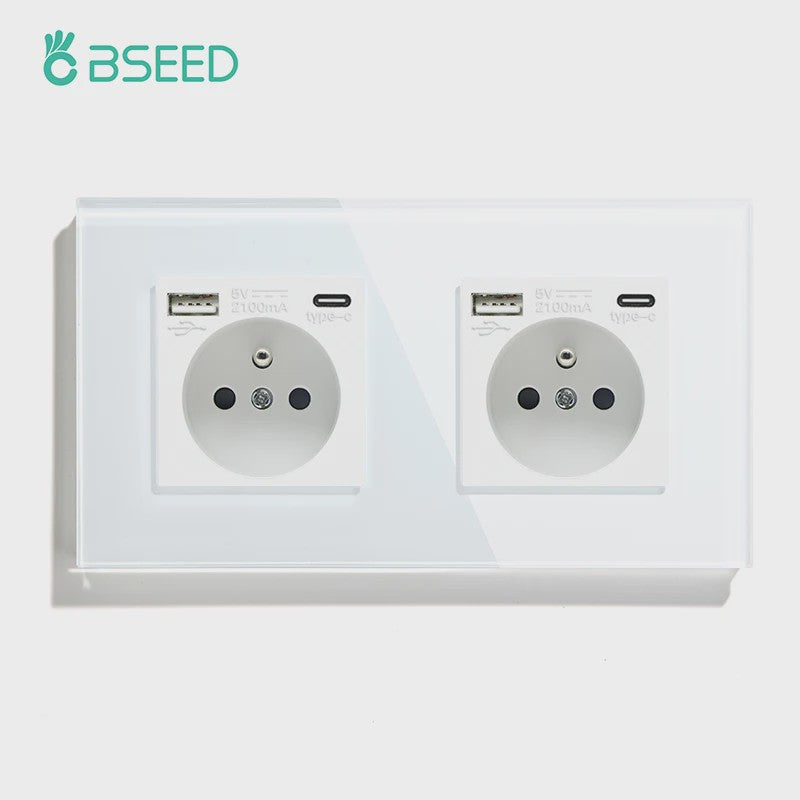 BSEED Wandcontactdoos met Dubbele USB & Type-C Poorten - Stijlvol Glazen Frame