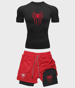 Heren Sport Set: Compressie T-shirt & Short met Spider Print