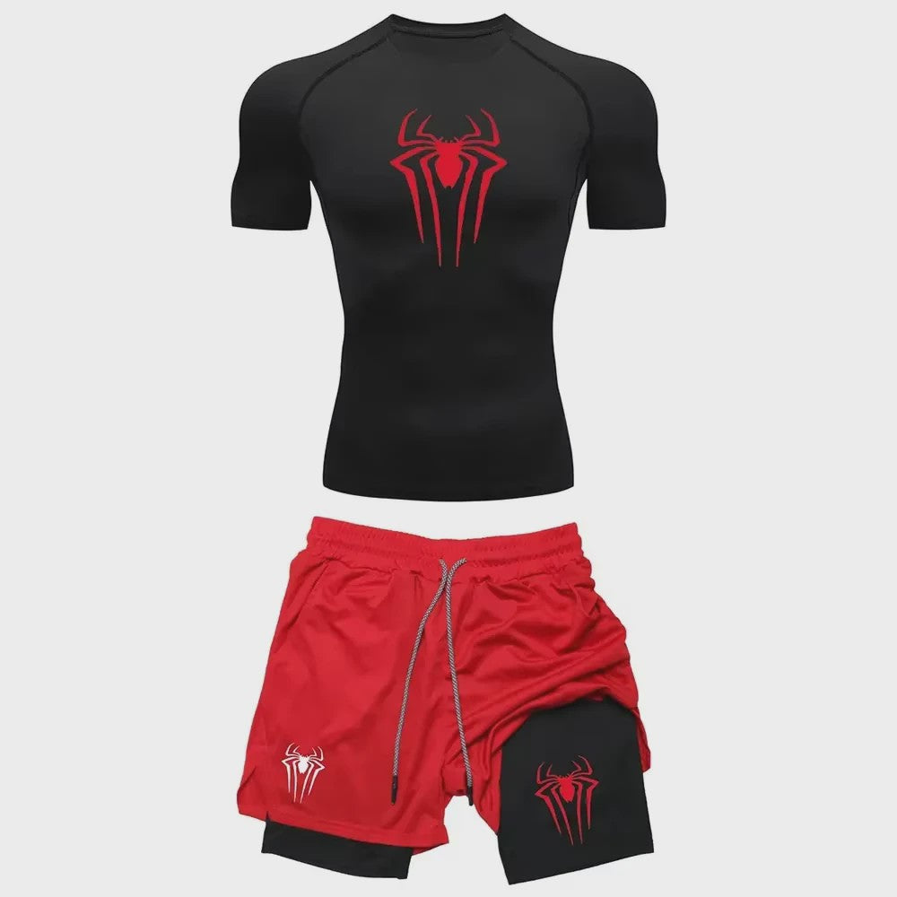 Heren Sport Set: Compressie T-shirt & Short met Spider Print