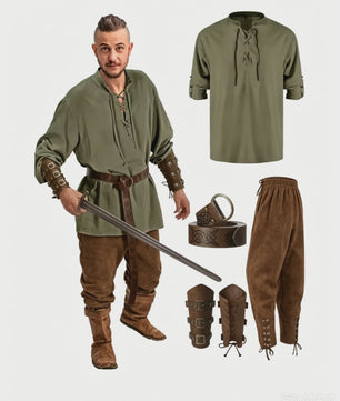 Herencostuum Middeleeuwse Piraat/Viking - Renaissance Set met Shirt, Broek, Riem & Armboeien